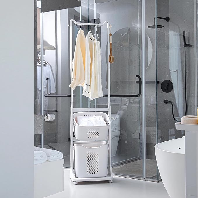2-Tier Laundry Hamper Sorter with Hanging Bar, Rolling Laundry Baskets with Wheels Removable, Stackable Laundry Cart Organizer and Storage for Small Space Dorm Closet Bathroom