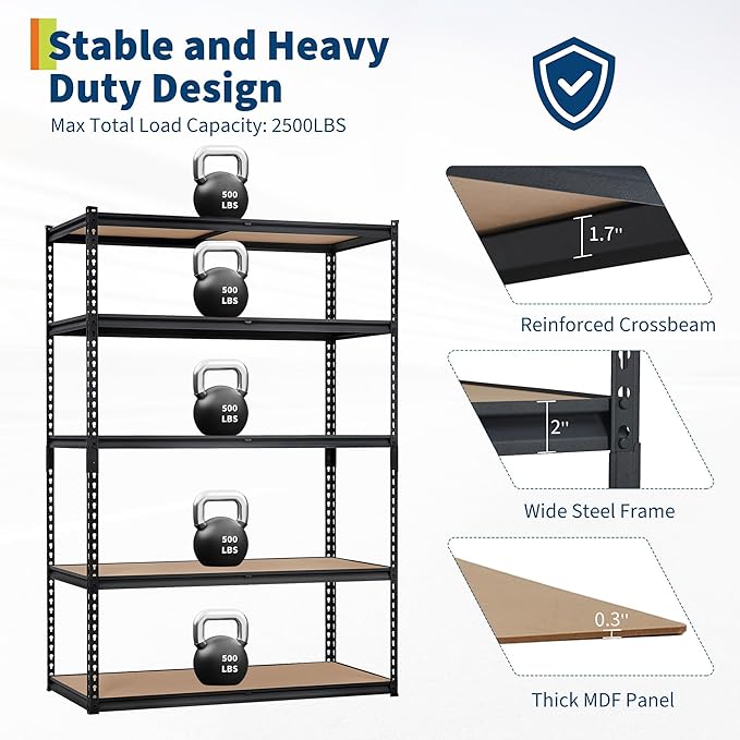 Heavy Duty Garage Storage Shelves, 5-Tier Adjustable Metal Shelving Unit, Up to 2500 Lb Capacity, 48" l x 18" w x 72" h Storage Rack for Kitchen, Pantry, Basement, Bathroom & Laundry
