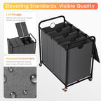 Laundry Sorter 4 Sections 48 Gal, Rolling Laundry Basket with Lockable Wheels and Lid, Laundry Hamper with 4 Separated Removable Bags Dirty Clothes Hamper for Laundry Room Organizer, Grey