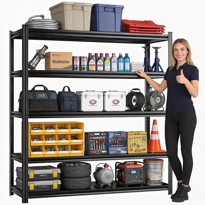 Adjustable 5-Tier Garage Shelving, Heavy Duty Steel Storage Rack, High Load Capacity, Ideal for Garage, Warehouse, or Home Organization (5-Tier 63" H x 45" W x 18" D)
