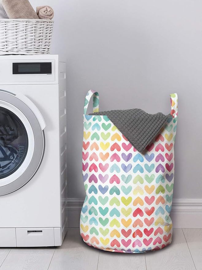 Ambesonne Watercolor Laundry Bag, Valentine's Day Theme Colorful Little Hearts Vibrant Paintbrush Effect, Hamper Basket with Handles Drawstring Closure for Laundromats, 13" x 19", Dark Blue