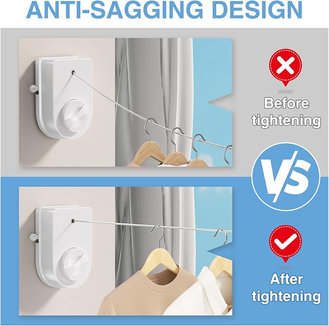 Danpoo Retractable Clothesline for RV, Laundry Room & Outdoor Yard - Heavy Duty Anti-Sag Wall Mounted Clothes Drying Line with Stainless Steel Rope