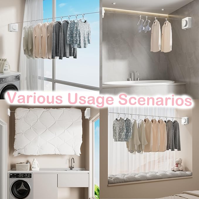 JXKNKSR-Telescopic Clothesline Indoor and Outdoor, Heavy-Duty Laundry Line, Wall Mounted, Safety Lock System (White+10Clothes Pins)