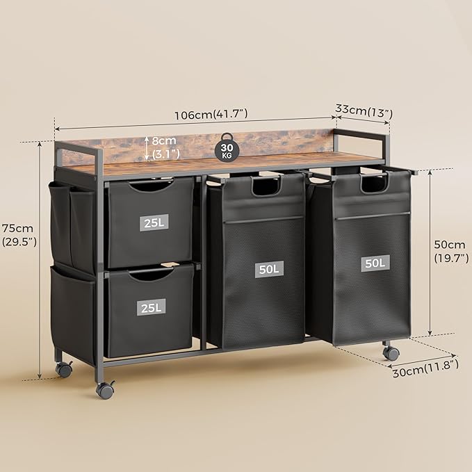 Laundry Sorter with 4 Section, 150L Laundry Hamper with Wheels, Laundry Basket with Small Side Pockets and Pull-Out Removable Liners,for Laundry Room Bedroom Bathroom
