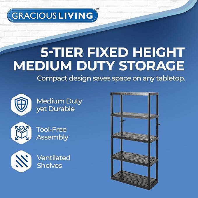 Gracious Living 5 Shelf Fixed Height Ventilated Medium Duty Storage Unit 14 x 32 x 72" Organizer System for Home, Garage, Basement, & Laundry, Black