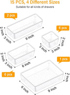 15 PCS Clear Plastic Drawer Organizers and Dividers, 4 Sizes Stackable Drawer Storage Bins and Organizer Trays for Bathroom, Kitchen, Office, Makeup, Vanity, Utensils, and Crafts