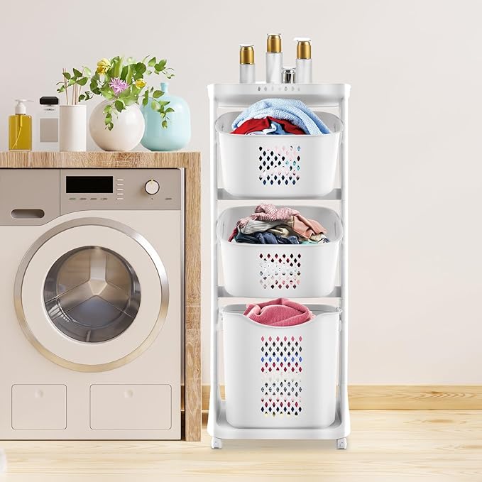 3 Tier Laundry Hamper Basket Sorter Portable Rolling Cart Clothes Storage Porous Design With Wheels, For Clothes, Toiletries, Bathrooms, Laundry Rooms, Bedrooms, White