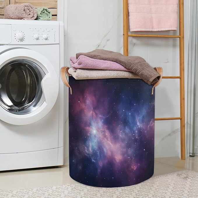 Space Universe Galaxy Collapsible Laundry Basket Large Laundry Hamper Waterproof Foldable Storage Bins Laundry Basket with Leather Handles Clothes Nursery Hampers