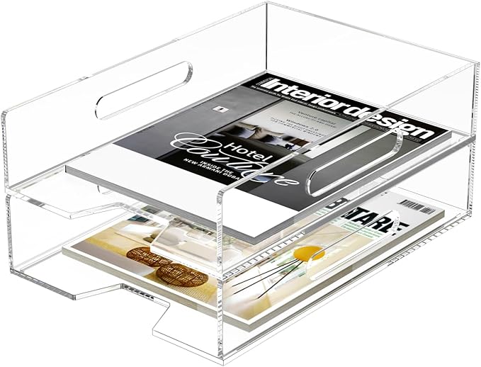 HIIMIEI Paper Organizer for Desk, Acrylic Paper Tray, Clear Letter Tray Desk Stackable Organizer Tray for School, Home, Office 2 Tiers