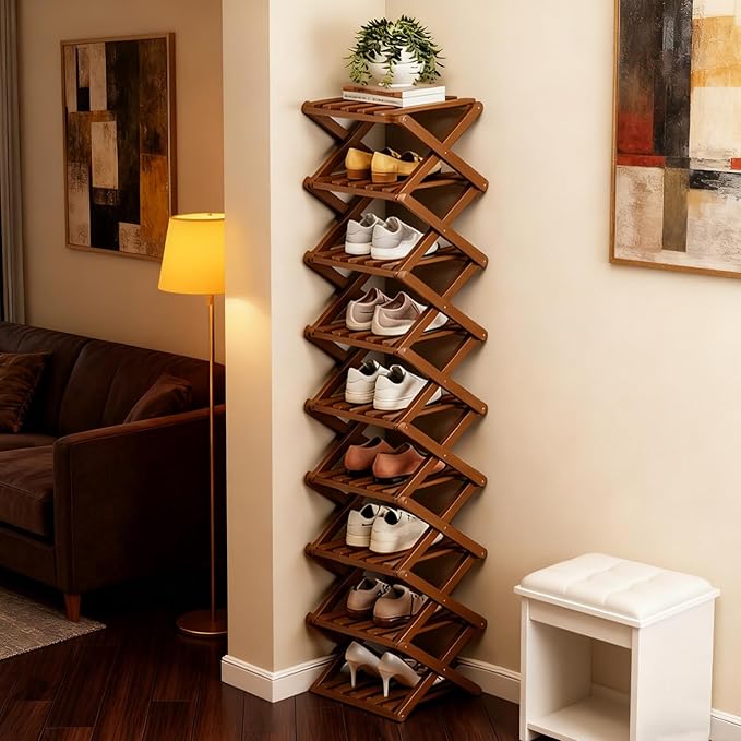 The 9-Tier No-Assembly Bamboo Rack, 2026 Upgraded Foldable Bamboo Shoe Rack, Space-Saving Organizer for Shoes, No Assembly Narrow Shoe Shelf for Entryway Closet Dorm (Brown,5-Tier)