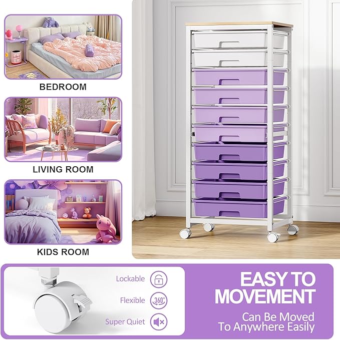 Rolling Cart with Drawers,10 Drawer Rolling Cart,Storage Cart with Wheels,Utility Cart with Drawers,Teacher Cart for Classroom Storage,Craft Cart with Wheels and Wooden Tabletop,Purple