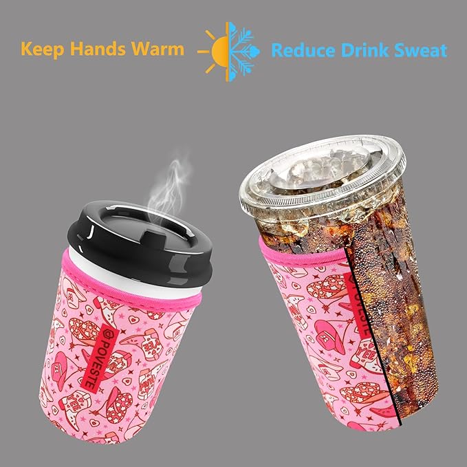 Reusable Neoprene Insulator Sleeve for Iced Coffee & Cold Soda, Coffee Sleeves for Iced & Hot Drinks, Cold Beverage Cooler Compatible with Starbucks, Dunkin (Cowgirl Spirits, Small: 16-18oz)