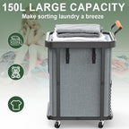 150L (40 Gal) Extra Large Fashion Laundry Basket with Wheels, Rolling Basket Hamper with Handle, Organizer Storage Cart with Sturdy Metal Frame for Laundry Room - Gray