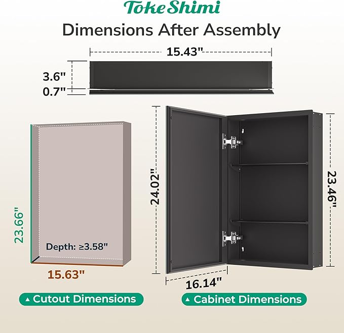 TokeShimi 16 x 24 Medicine Cabinets for Bathroom with Mirror, Assembly Required, Recessed Medicine Cabinet with Tempered Beveled Mirror, Stepless Adjustable Shelves, DTC Hinge