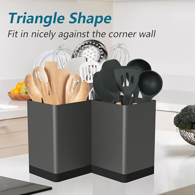 Suli Utensil holder, Kitchen Utensil Organizer for Corner Countertop,Extra Large Silverware Organizer with 3 Compartments,Farmhouse Decor, Iron, Grey