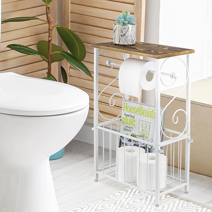 MyGift Toilet Paper Holder Stand with Shelf, Bathroom Table Stand Storage with Magazine Holder Basket, Scrollwork Design, White Metal