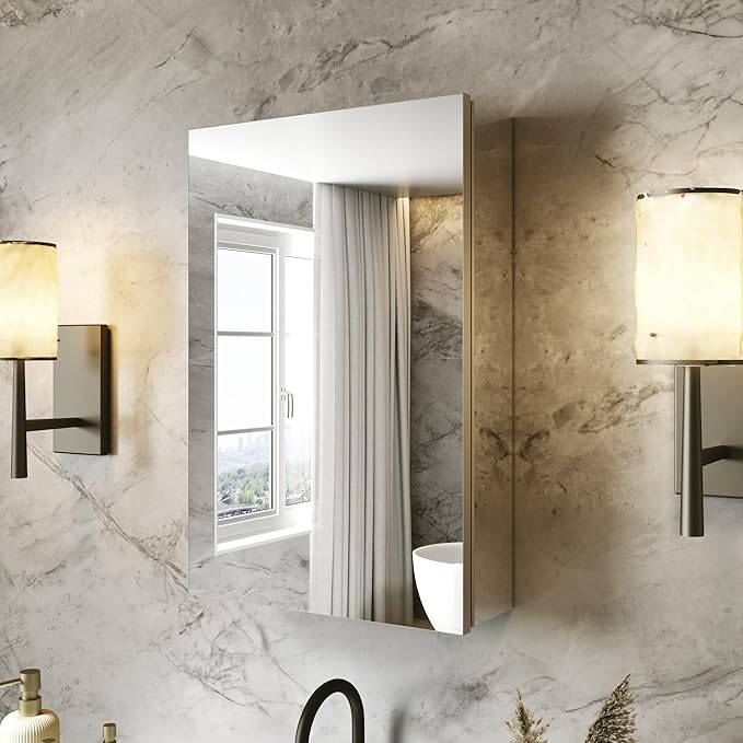 16x24 Bathroom Medicine Cabinet with Mirror,Aluminum Alloy Frame with Mirror Side Panels,Surface or Recessed Medicine Cabinet with Adjustable Shelves,Assembly Required