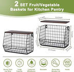 Fruit Basket for Kitchen Counter 2 Tier Fruit Bowl, Stackable Wall Mounted Hanging Fruit Basket Wire Baskets with Wood Lid with 4 Banana Hanger Hooks, Onion Basket, Fruit and Vegetable Storage