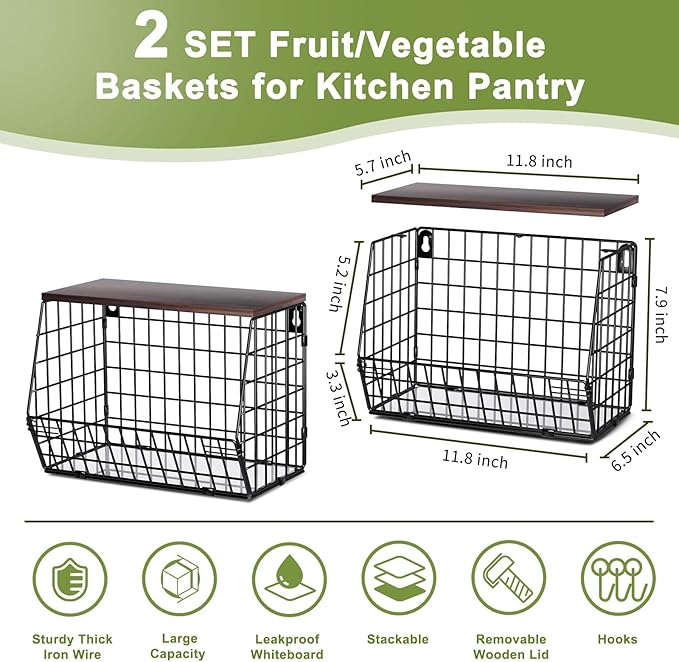 Fruit Basket for Kitchen Counter 2 Tier Fruit Bowl, Stackable Wall Mounted Hanging Fruit Basket Wire Baskets with Wood Lid with 4 Banana Hanger Hooks, Onion Basket, Fruit and Vegetable Storage