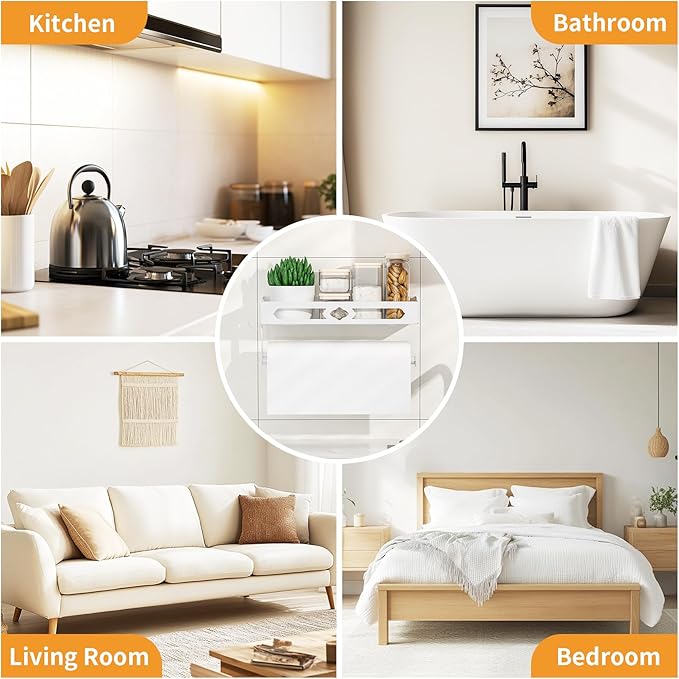White Paper Towel Holder Wall Mount with Shelf - Adhesive Hand Towel Rack, Space-Saving for Bathroom, Kitchen, RV Camper