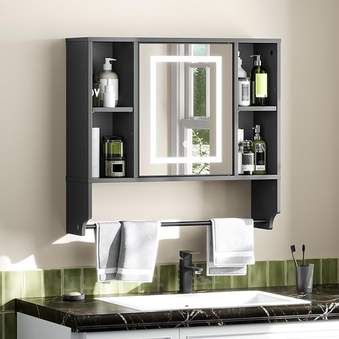 Bathroom Wall Cabinet with Mirror, Wall Mounted Medicine Cabinet with Color Adjustment LED Lights, Mirrored Over The Toilet Storage Cabinet with Adjustable Shelves, 23.6''W x 21.6''H, Black