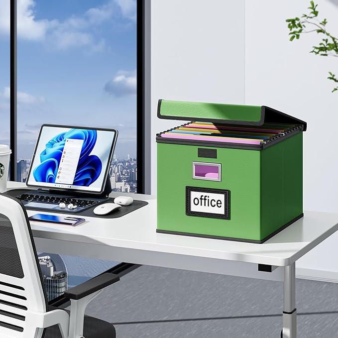 Huolewa Portable Leather File Organizer Storage Boxes, Collapsible File Folder Organizer Boxes with Lids, Document Organizer, Decorative Filing Box Cabinet for Letter/Legal File Folder Storage