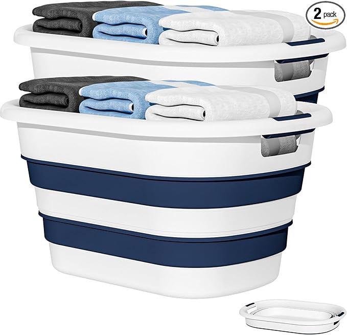43L(11.5Gallon) Collapsible Laundry Baskets plastic, Pop Up Laundry hamper/Storage Container, Foldable Laundry Basket with Large Capacity,Sturdy,Space Saver (Blue, 2 Packs)