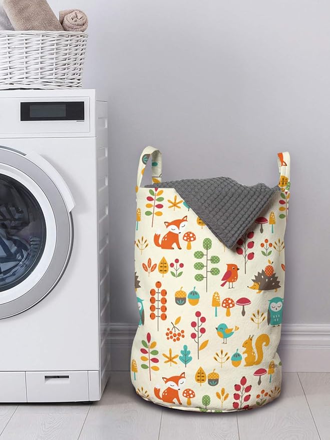 Ambesonne Cartoon Laundry Bag, Autumn Pattern Owl Fox Squirrel Birds Animal Leaves Print, Hamper Basket with Handles Drawstring Closure for Laundromats, 13" x 19", Cream Orange