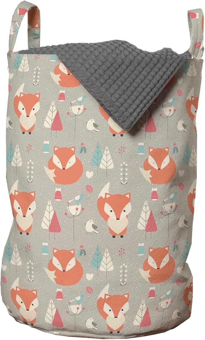 Ambesonne Fox Laundry Bag Pack of 2, Woodland Animal with Birds and Fir Trees Winter Season Flora and Fauna, Hamper Basket with Handles Drawstring Closure, 13" x 19", Orange Grey