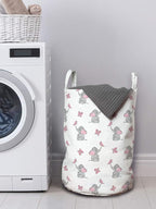Ambesonne Animal Cartoon Laundry Bag, Playing Butterflies Design Pattern, Hamper Basket with Handles Drawstring Closure for Laundromats, 13" x 19", Grey Pink
