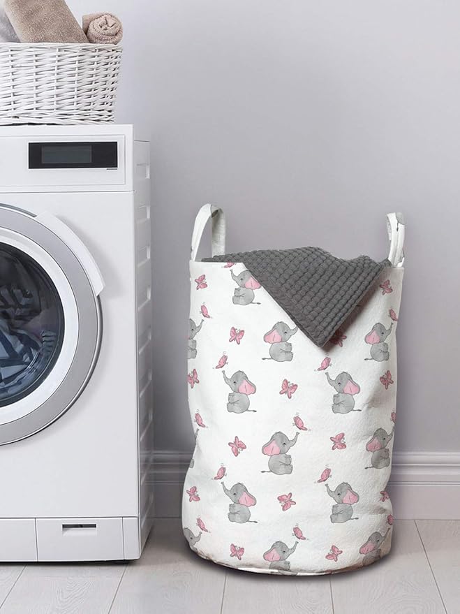 Ambesonne Animal Cartoon Laundry Bag, Playing Butterflies Design Pattern, Hamper Basket with Handles Drawstring Closure for Laundromats, 13" x 19", Grey Pink