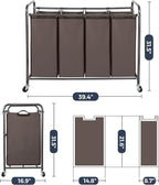 STO STO Laundry Sorter 4 Section, 4 Bag Clothes Hamper, Rolling Laundry Cart Basket with Heavy Duty Lockable Wheels and Removable Bag for Laundry Room, Bedroom, Closet, Brown
