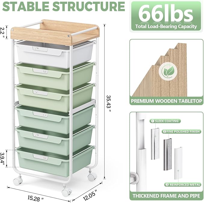 6 Drawer Rolling Cart for Craft Storage,Utility Drawer Organizer with Handle and Wooden Top,Storage on wheels for Office, Classroom,Laundry,Garage,Snack,Art Supply,Green