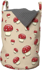 Ambesonne Mushroom Laundry Bag, Woodland Themed Illustration of Spotted Toadstool Summer Season Forest Cartoon, Hamper Basket with Handles Drawstring Closure for Laundromats, 13" x 19", Ivory Red