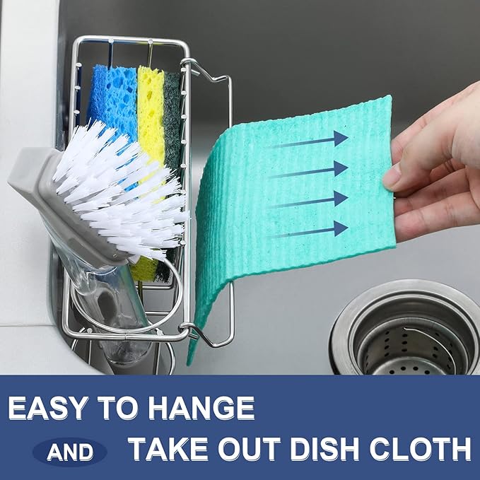 3-In-1 Sponge Holder for Kitchen Sink with Suction Cups & Adhesive Hook , In-sink Sponge Holder, Wall Hanging Sink Caddy Organizer Rack - Sponge, Dish Cloth, Brush, Scrubber - 304 Stainless Steel