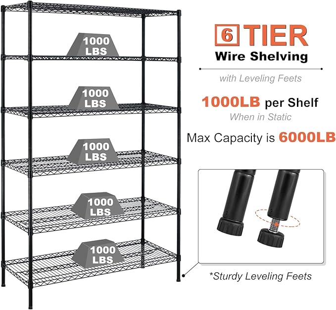 6000Lbs Capacity Heavy Duty Storage Shelves Commercial Wire Shelving Unit and Storage Adjustable NSF 6 Tier Metal Rack Shelf on Wheels for Garage Basement, 76 H x 48 L x 18 D - Black