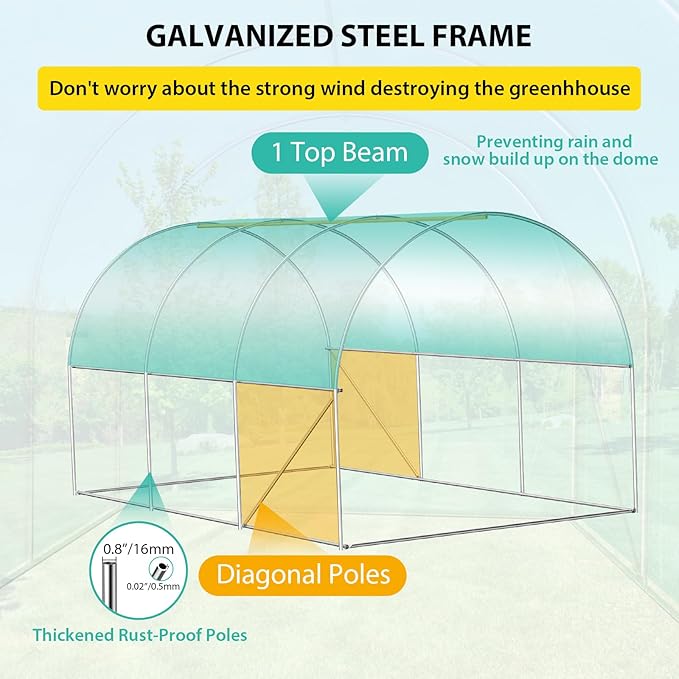 13x8x7 ft Walk-in Tunnel Greenhouse with Galvanized Steel Frame & 6 Mesh Windows, Weather-Resistant Outdoor Plant Hot House for Vegetables, Green PE Cover & Roll-Up Zipper Door