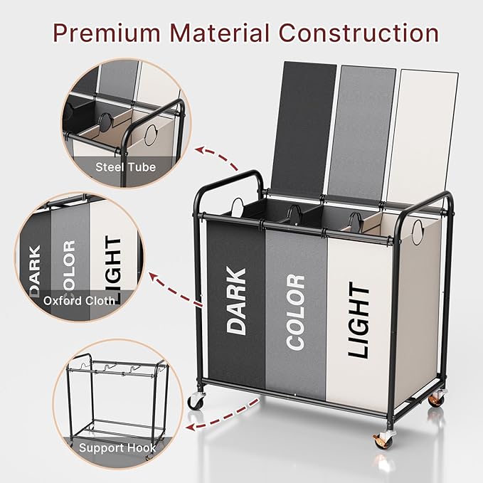 3-Compartment Laundry Cart with Lockable Wheels & Lid 180L Large Wheeled Laundry Basket Heavy-Duty Sorting Organizer for Laundry Room (Multicolor)