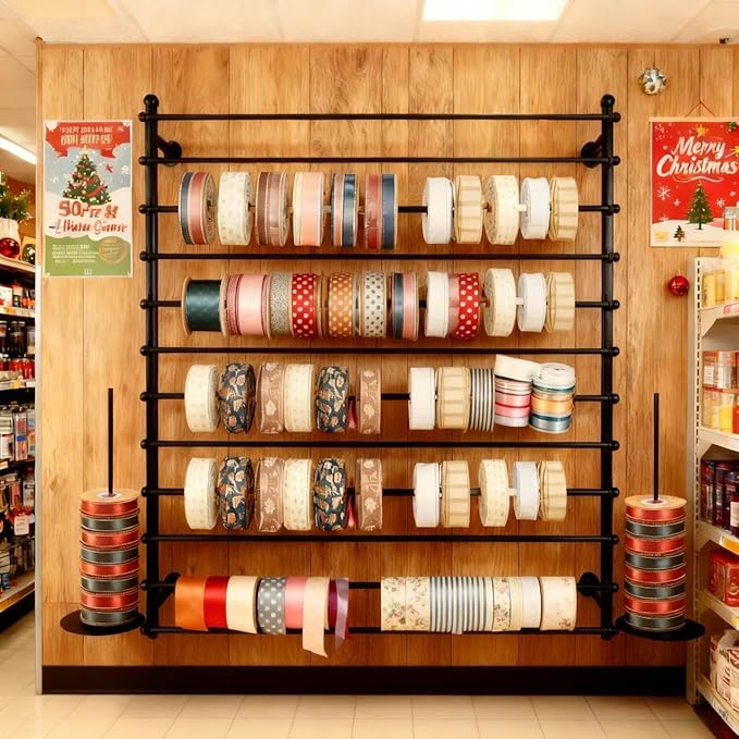 12 Layers Black Wall Display Stand Wrapping Paper Ribbon Organizer Holder Storage Scarf Tie Belt Towel Spool Sewing Tool Hijab Metal Shelving for Home, Retail Stores, Flower Shop,Studio-120cm