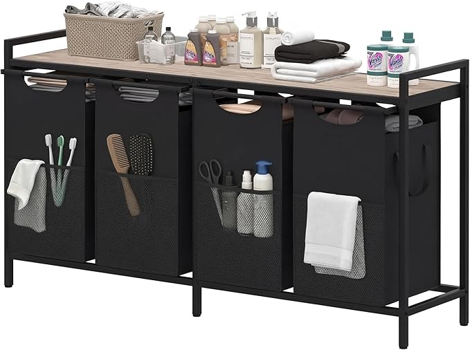 Heybly Laundry Hampers, 4 × 15Gal (228 L) Laundry Basket with Large Desktop Sorter for Laundry Room organization, Bathroom and Dorm Laundry Bags on Storage Shelf, Greige HLH004SG