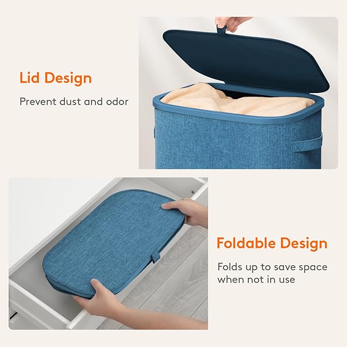 Lifewit 65L Slim Laundry Basket with Lid, Narrow Large Laundry Hamper with Plastic Handles and Removable Bag, Tall Foldable Dirty Clothes Hampers for Laundry Room, Bedroom, Bathroom, Dorm, Dark Blue