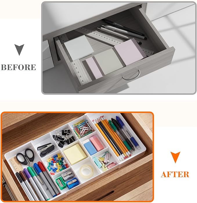 1 Pcs Large Expandable Acrylic Drawer Organizers, Grid Adjustable Drawer, Dividers Organizer for Desk, Makeup, Jewelry, Office, Kitchen Supplies (White,11 Compartments)