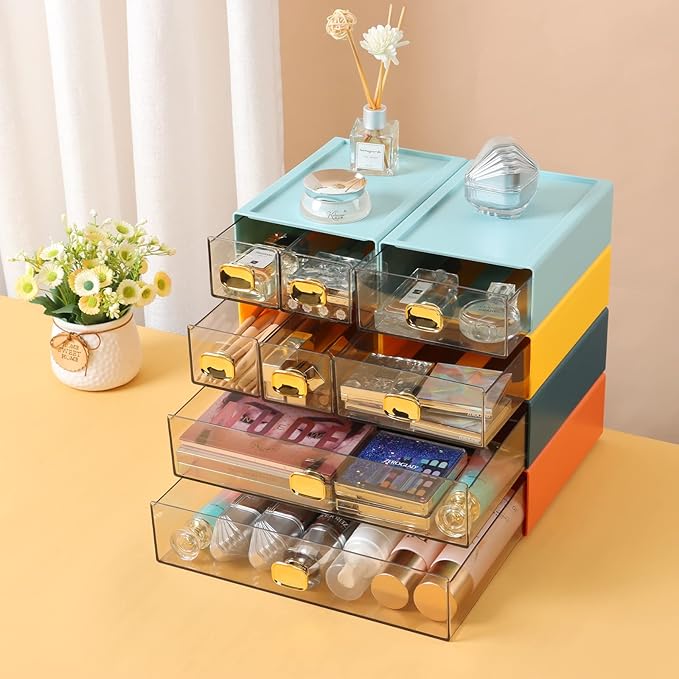 Spacious Desktop Storage Box, 1 Large 1 Middle & 2 Small Storage Drawers, Stackable Office Desk Drawer Organizer and Accessories, Printer Paper Organizer, Cyan Plastic Drawers for Workspace
