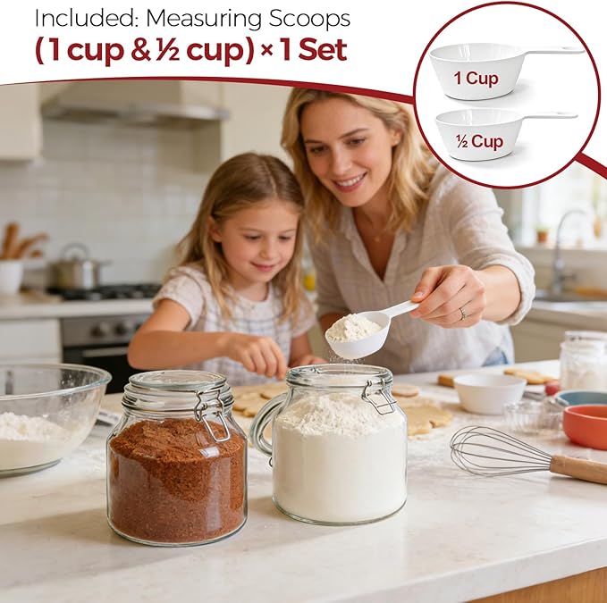 0.6 Gallon 2 Pack Wide Mouth Glass Jars with Airtight Lid – Includes 1 Cup & 0.5 Cup Measuring Scoops & Labels, Ideal for Flour, Sugar, Coffee, Cereal, Rice & Dry Goods | Thick Glass, BPA-Free
