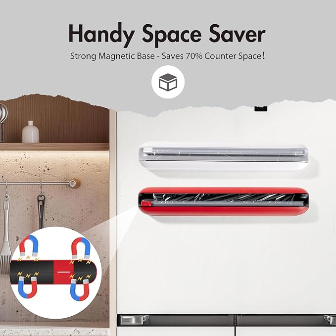 Aluminum Foil & Plastic Wrap Dispenser with Cutter - Easy One-Hand Operation, Space-Saving Kitchen Organizer for Worktops & Cabinets, Magnetic Cling Film Dispenser - Fits 12" Rolls, Red