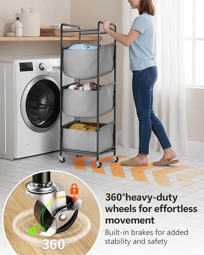 3 Section Laundry Sorter with Removable Bags, 120L Rolling Vertical Laundry Hamper, Stackable Laundry Baskets organizer for Bathroom, Apartment, Dorm (Gray, With Wheel)