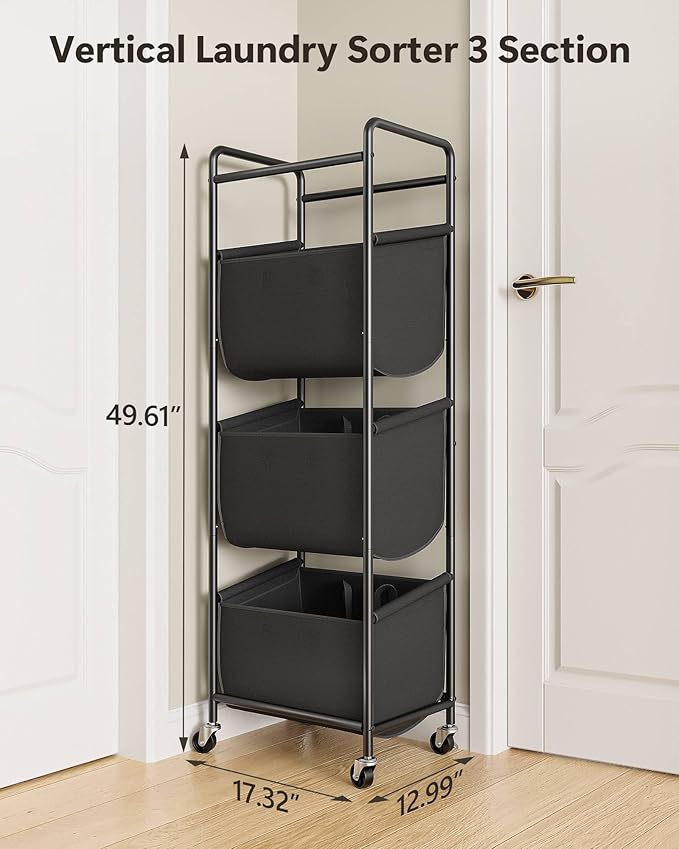 3 Section Laundry Sorter with Removable Bags, 120L Rolling Vertical Laundry Hamper, Stackable Laundry Baskets organizer for Bathroom, Apartment, Dorm (Black, With Wheel)