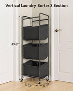 3 Section Laundry Sorter with Removable Bags, 120L Rolling Vertical Laundry Hamper, Stackable Laundry Baskets organizer for Bathroom, Apartment, Dorm (Black, With Wheel)