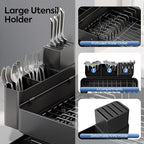 Expandable Dish Rack with Drainboard - Stainless Steel Dish Drainer with Removable Cutlery Tray, Foldable Cup Holder, Elevated Feet, Multifunctional Drainboard for Sink Countertop Kitchen Storage