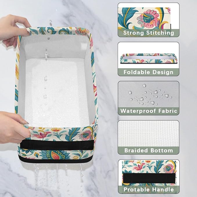 Toilet Tank Topper Paper Basket with Handle, Vintage floral Bathroom Storage Basket for Organizing, Small Fabric Storage Bins for Bathroom Decor